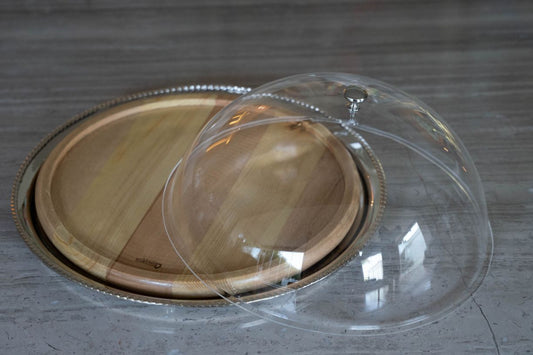 Silver round plate with wood board insert perfect for cheese and cake with plexiglass cover