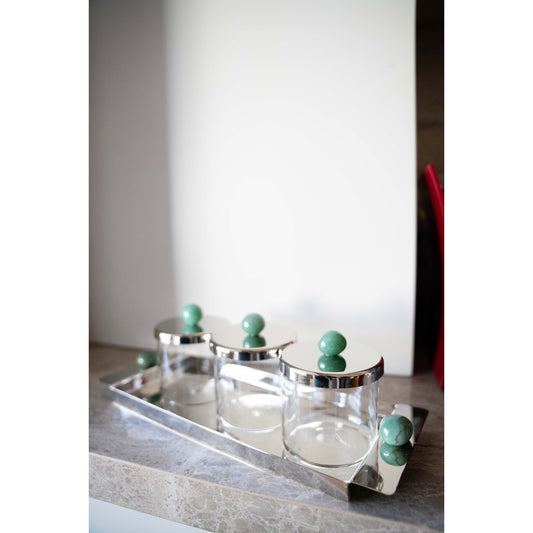 Silver tray with 3 glass jars with silver lid with natural stone
