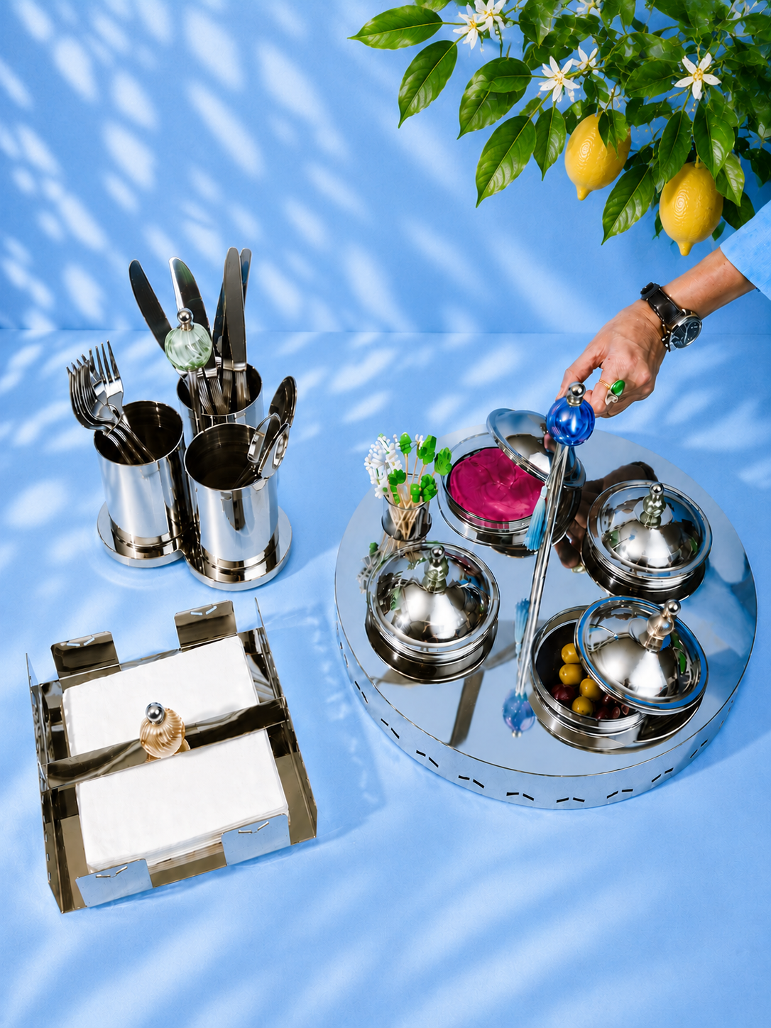Geometric stainless steel appetiser bowl tray
