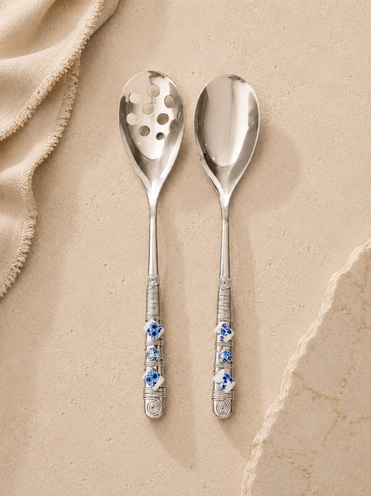 Set of two salad serving serving spoons with  bleu blanc beads