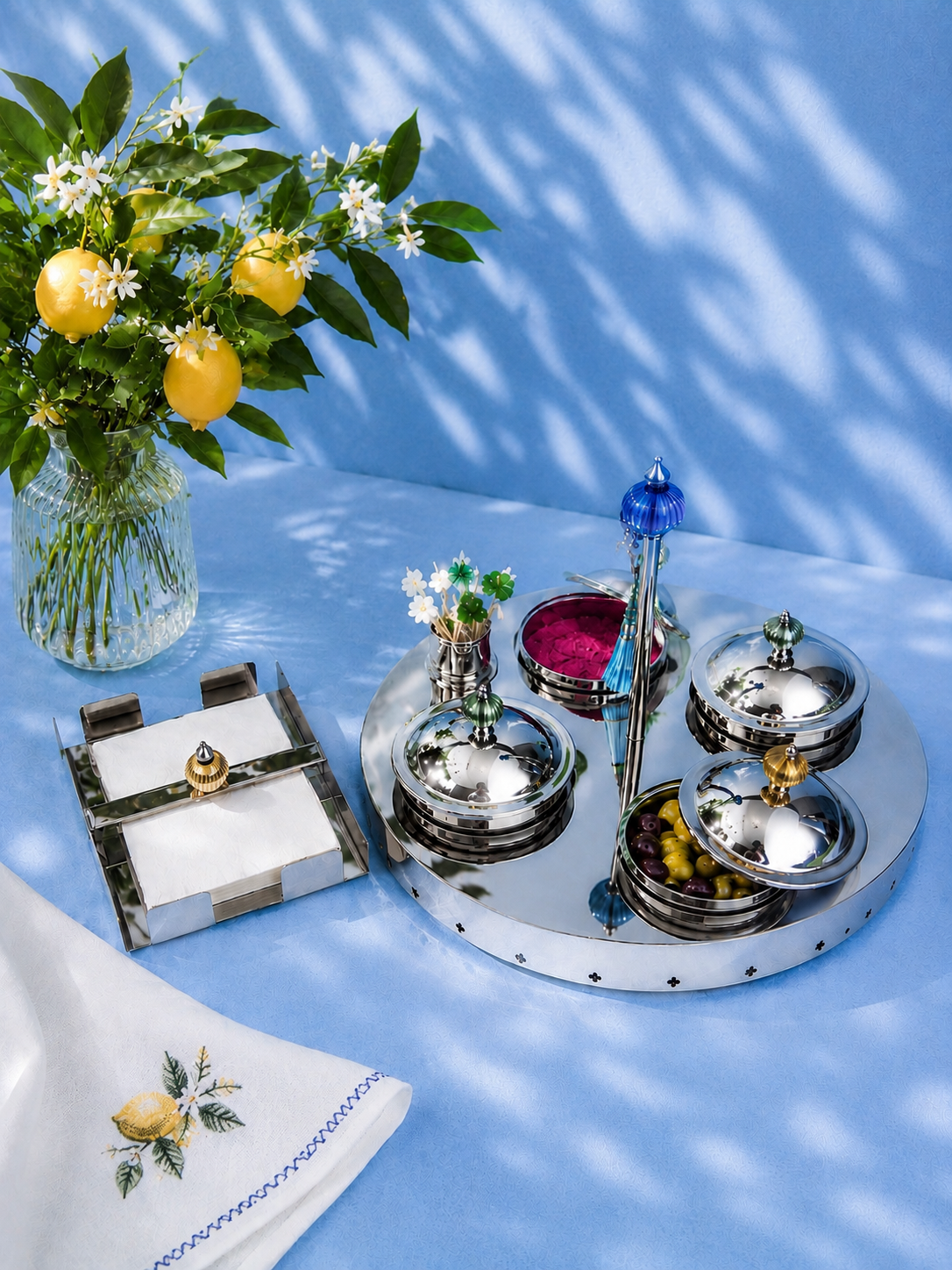Geometric stainless steel appetiser bowl tray