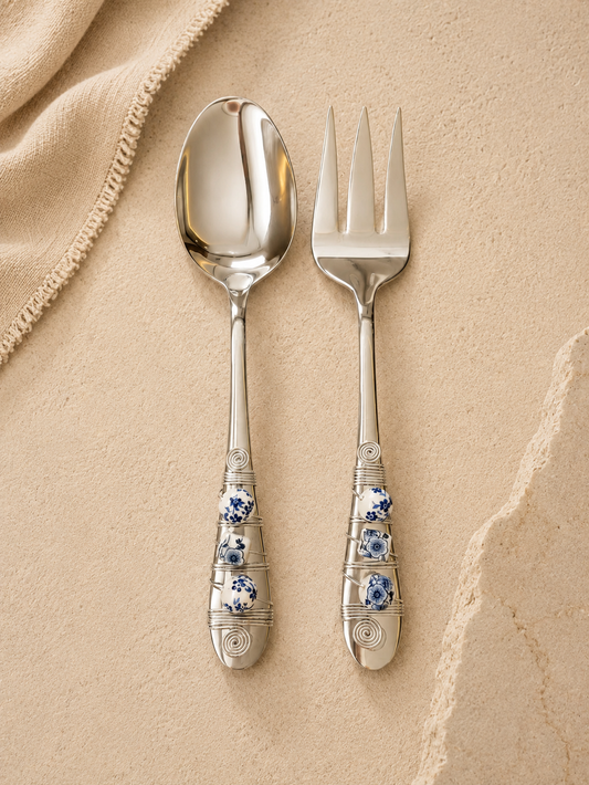 Set of fork and spoon with  bleu blanc beads