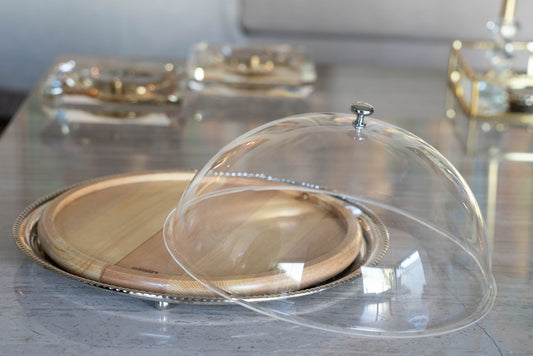 Silver round plate with wood board insert perfect for cheese and cake with plexiglass cover