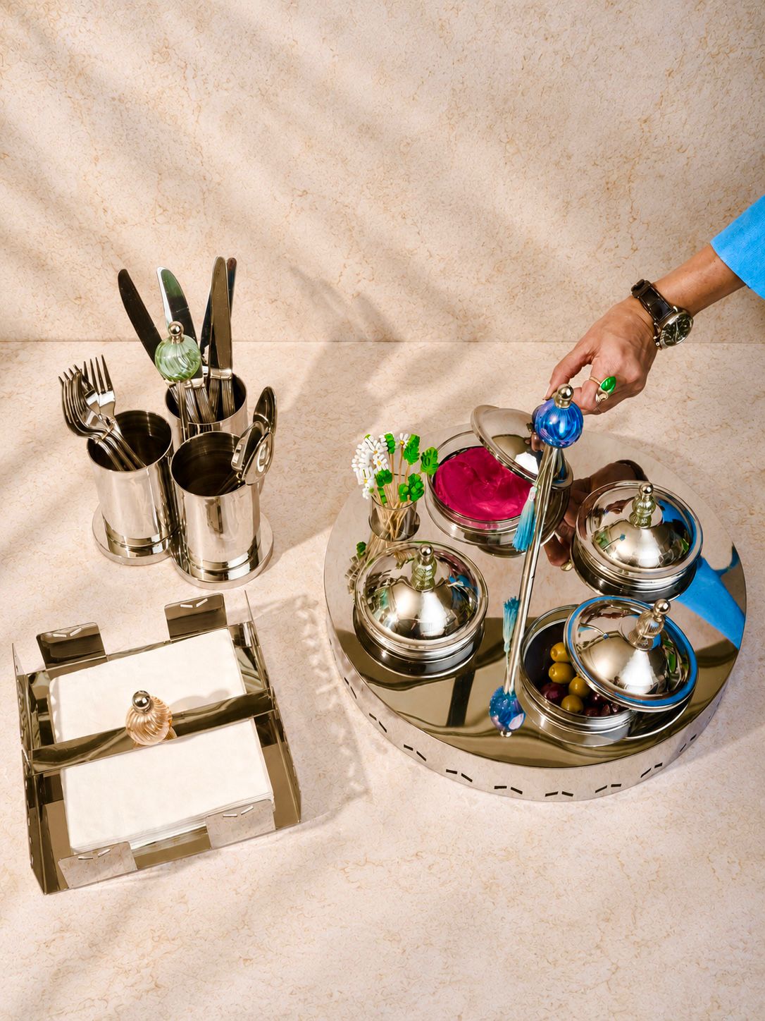 Geometric stainless steel appetiser bowl tray