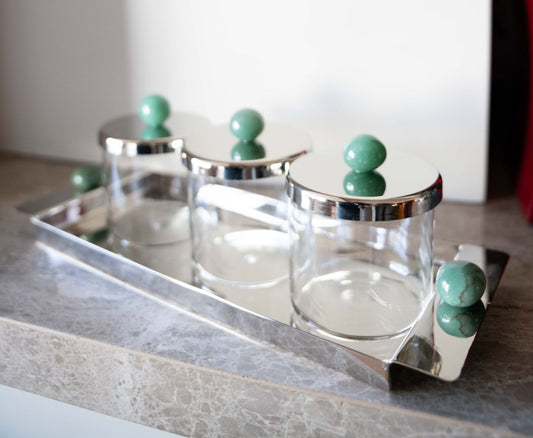 Silver tray with 3 glass jars with silver lid with natural stone